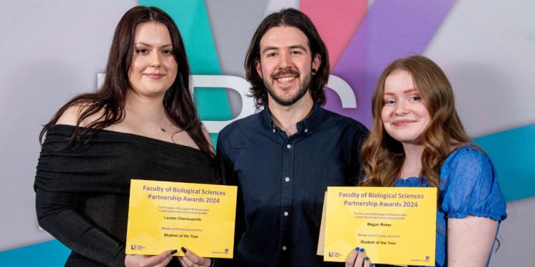 Student of the Year winners, Lauren Charlesworth and  Megan Roker smile at the camera with their certificates.

Left to right: Lauren, Dan Williams (LUU) and Megan 
