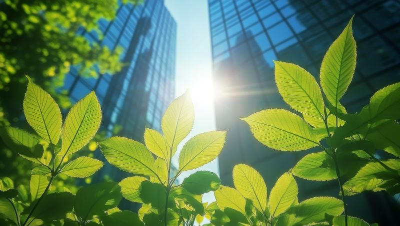 Green plants grow in front of high corporate buildings.