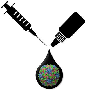 1 black needle and 1 black bottle face down. A black water droplet falls from both objects. Instead the droplet is a round structure of blue, green and red.