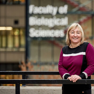 Professor karen birch ;ictured outside the Faculty of Biological Sciences