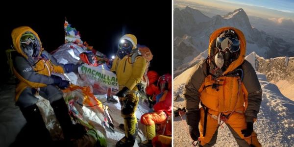 Two images featured Dr Shaunna Burke at the summit of everest. In one of the images she is holding the mcmillan cancer care logo
