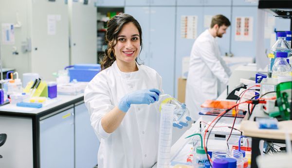 Biopharmaceutical Development masters student in the teaching labs in Miall Building