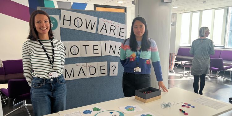 2 women in the Ribcode team smile at the camera. They are standing in front of a pin board and behind a white table.