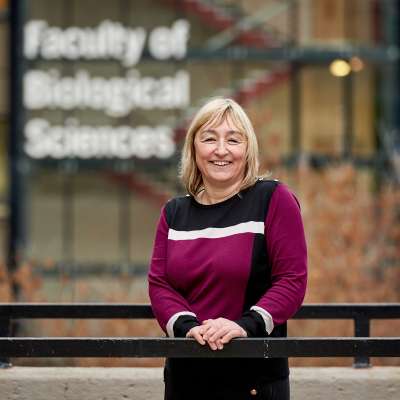 Professor karen birch ;ictured outside the Faculty of Biological Sciences