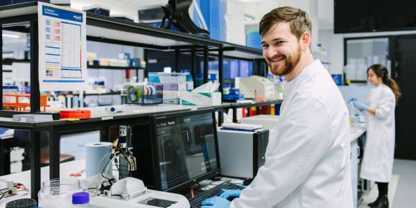 MSc Biopharmacetical Development student Christopher Mann pictured in a lab at the ?University of Leeds.